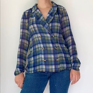 Silk plaid double breasted blouse